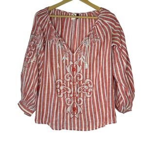 Akemi + Kin Anthropologie Embroidered Blouse Womens Small Red Linen blend